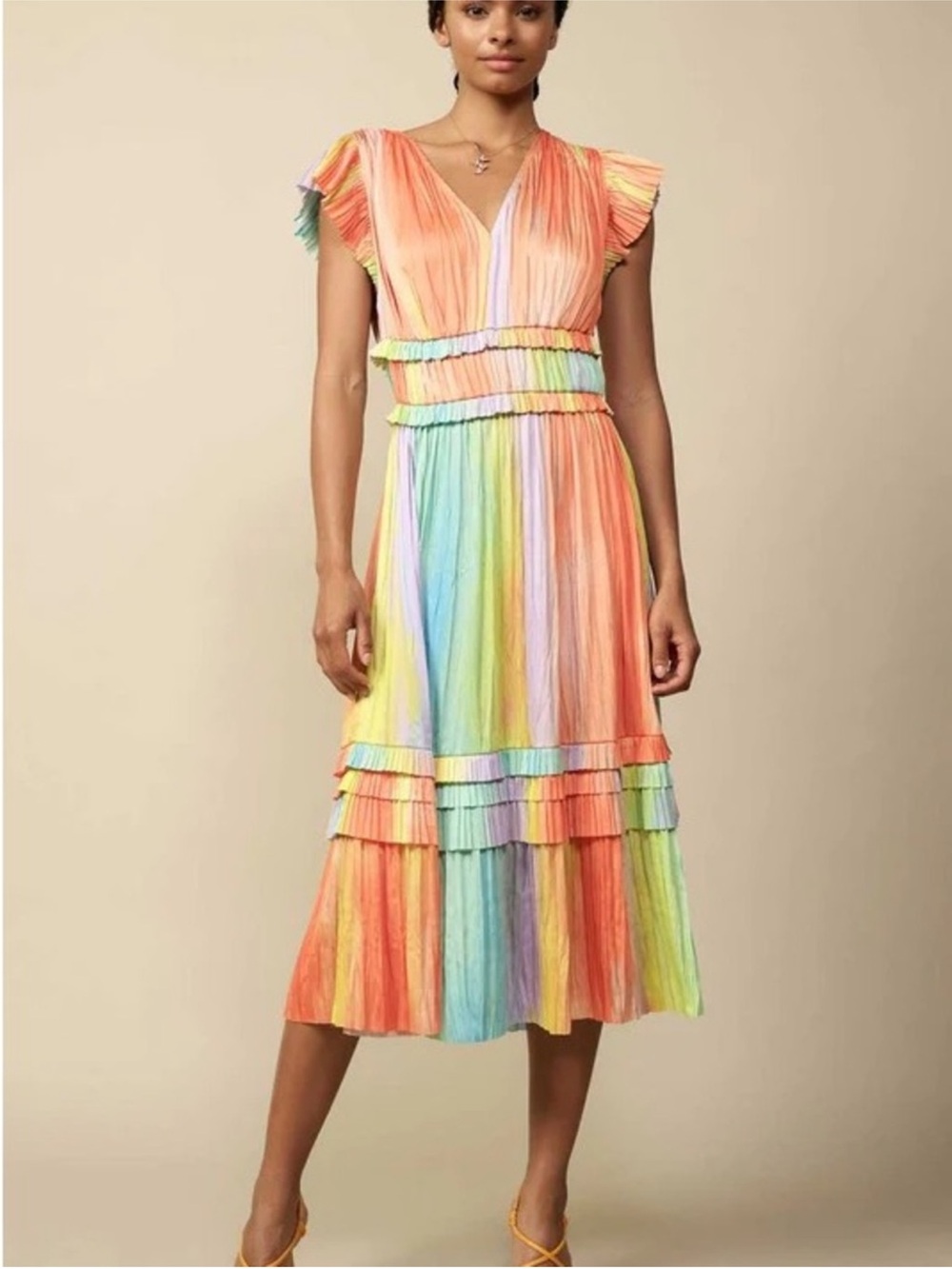 Current Air Multicolor Rainbow Pleated Midi Dress